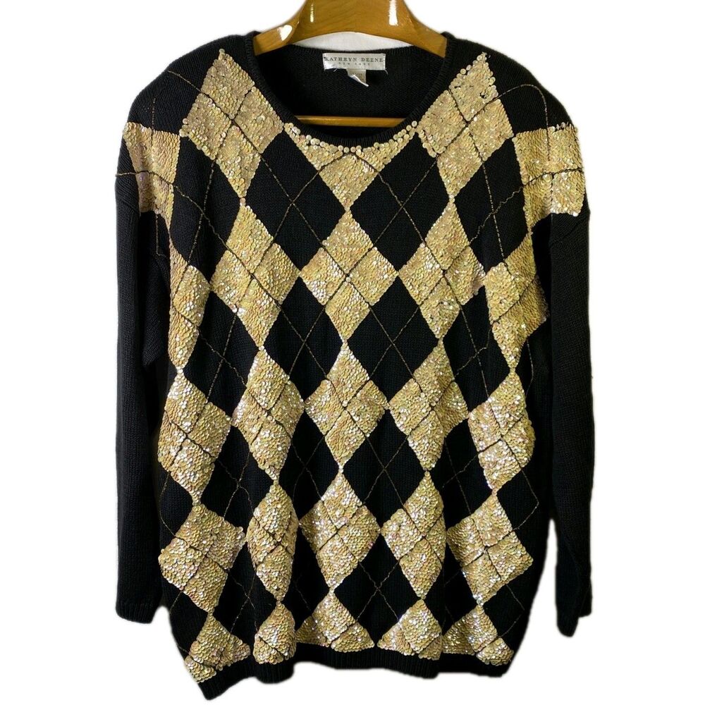 Kathryn Deene Sweater - Size 22/24 - Vintage Sequin Argyle Black Raime Cotton